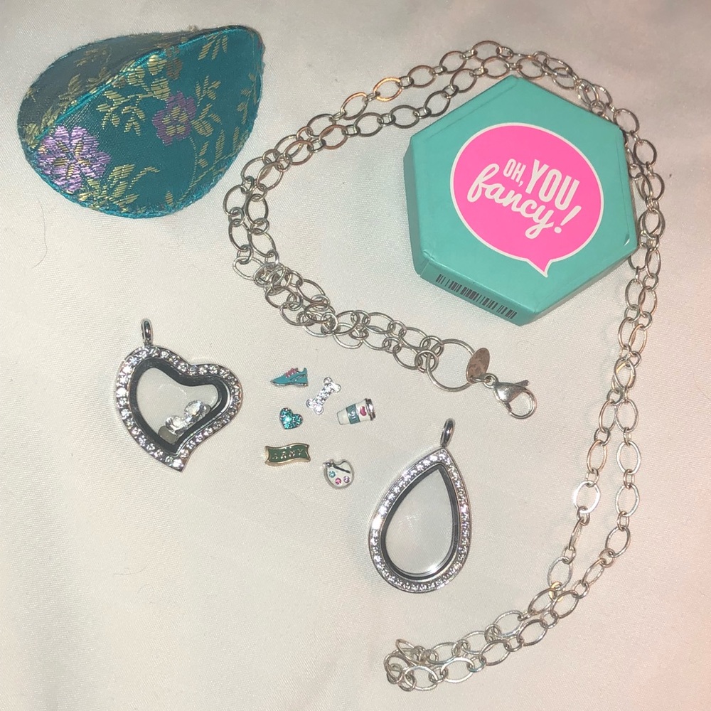 Oragami Owl teardrop +necklace 18” +heart + charms